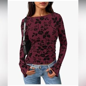 Floral Mesh Ruched Fitted Long Sleeve Top
